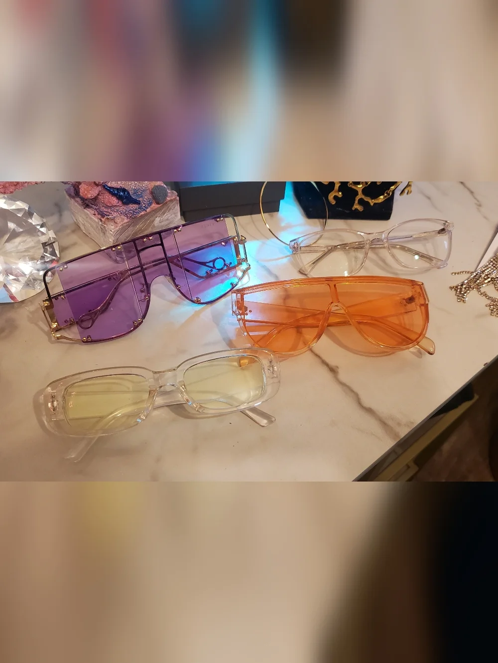 Bundle Of 4- Stylish Oversized Sunglasses - Purple, Orange, Clear, Yellow Lenses - Picture 3 of 6